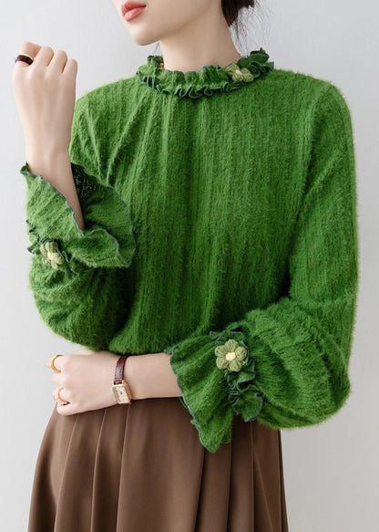 Unique Tea Green Ruffled Knit Top Flare Sleeve