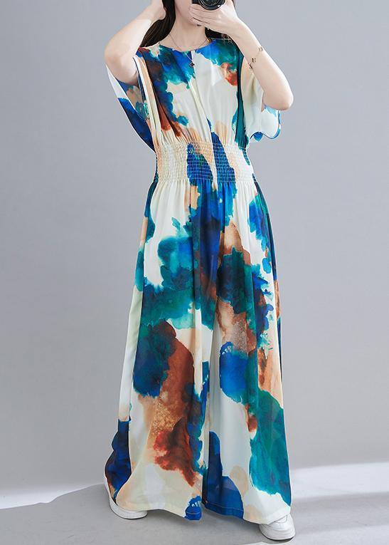 Summer New Light Blue Print Close Waist Jumpsuit