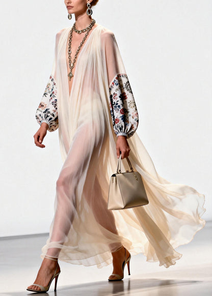 V Neck Print Patchwork Chiffon Dress Spring