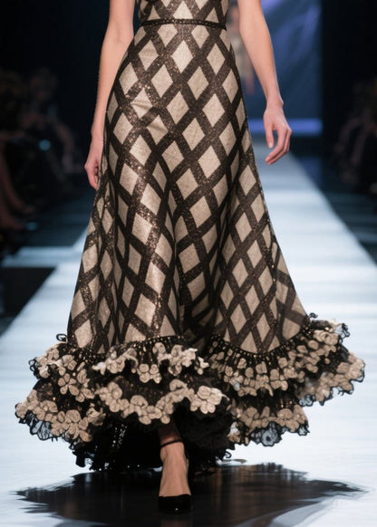 Black Deep-v Neck Plaid Silk Evening Dress Summer