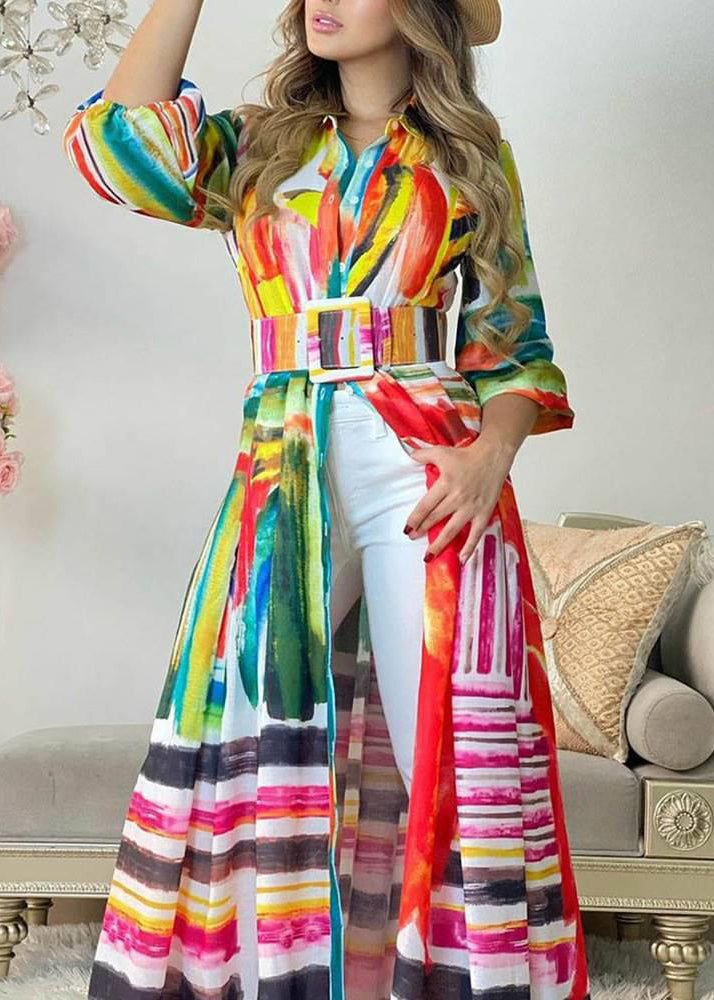 Colorblock Peter Pan Collar Print Cotton Shirts Dresses Spring