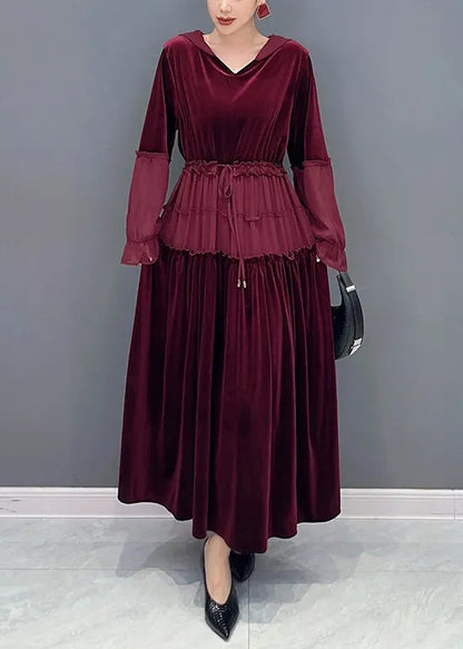 Wine Red Ruffled Lace Up Patchwork Velour Long Dresses Fall