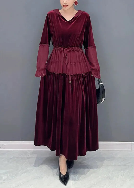 Wine Red Ruffled Lace Up Patchwork Velour Long Dresses Fall