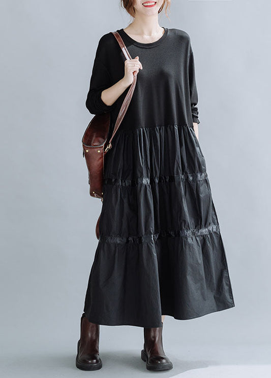 Loose Black O-neck Patchwork Cotton Holiday Dress Spring