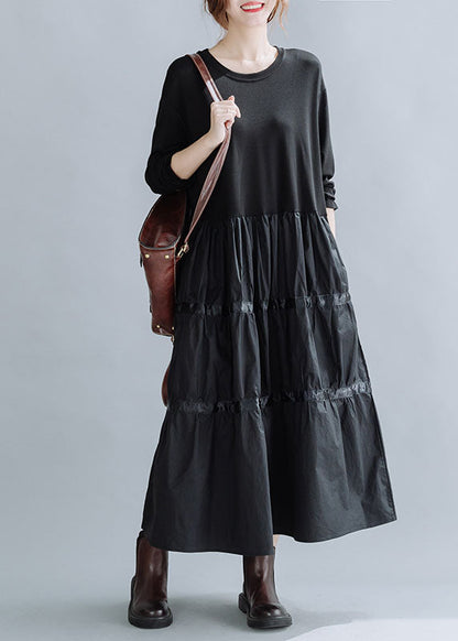 Black O-neck Patchwork Cotton Dress Spring