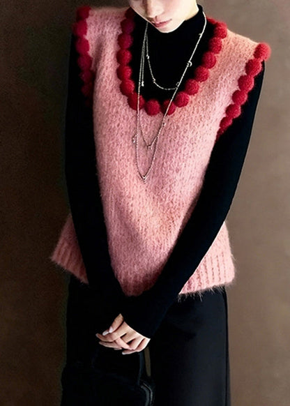 Handmade Pink Oversized Fuzzy Ball Decorated Knitted Vests Spring