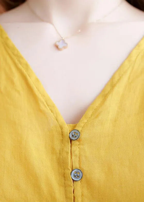 Art Yellow V Neck Button Ruffled Asymmetrical Design Fall Half Sleeve Shirt Top