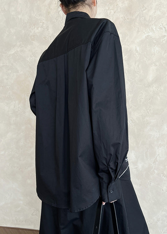 Black Cotton Shirt Tops Peter Pan Collar Graffiti Fall