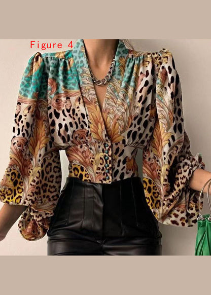 New European and American Spring V-neck Lantern Sleeve Shirt Top