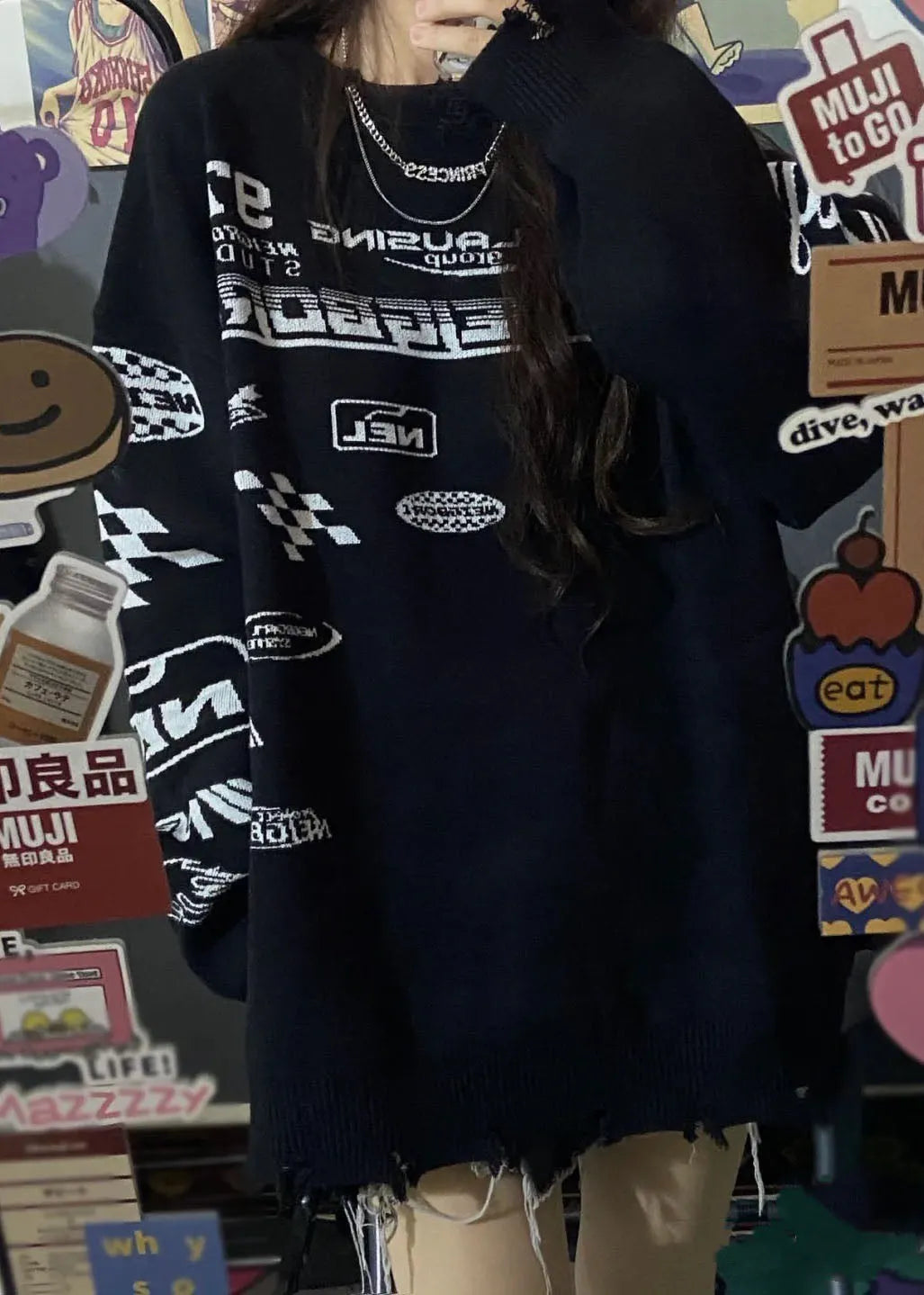 Black O-neck Graphic Loose Fall Knit Sweaters