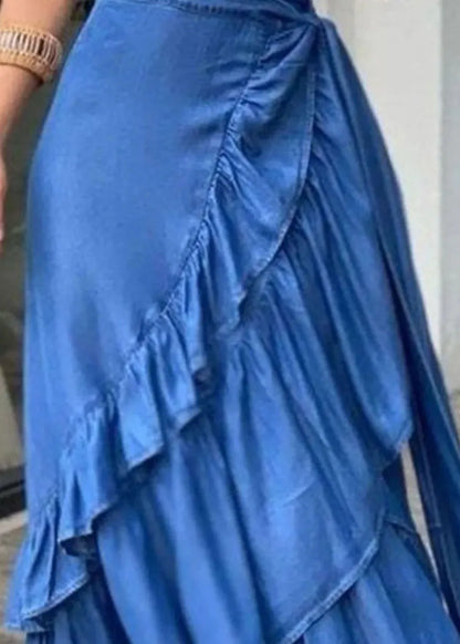 Blue Ruffled Tie Waist Patchwork Denim Skirts Summer