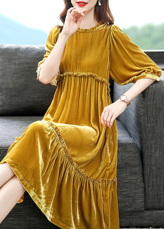 Yellow Wrinkled Velour Dress Half Sleeve Spring