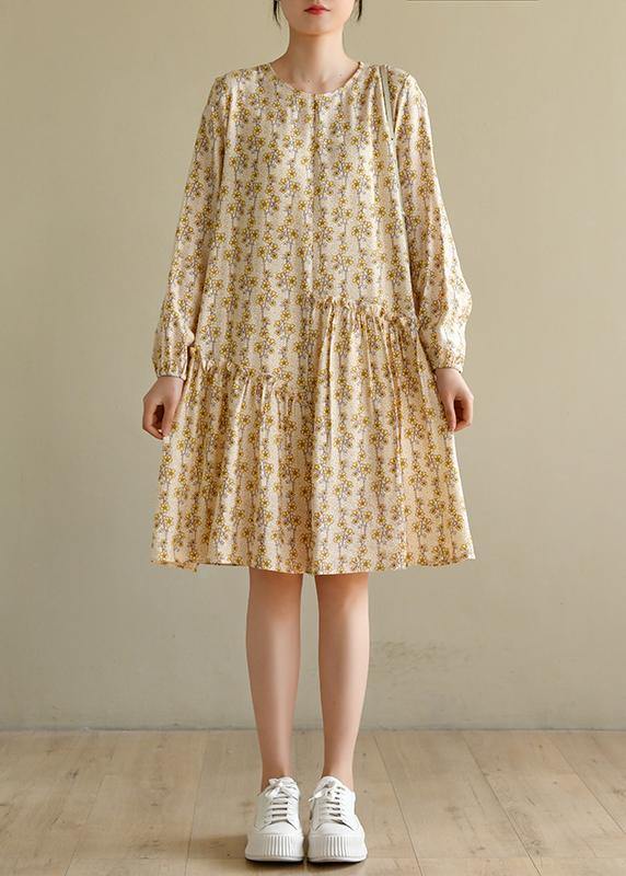 Art Beige Print Cotton Asymmetrical Design Summer Work Dress