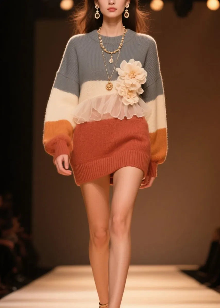 Stylish O Neck Tulle Ruffled Knit Sweaters Fall