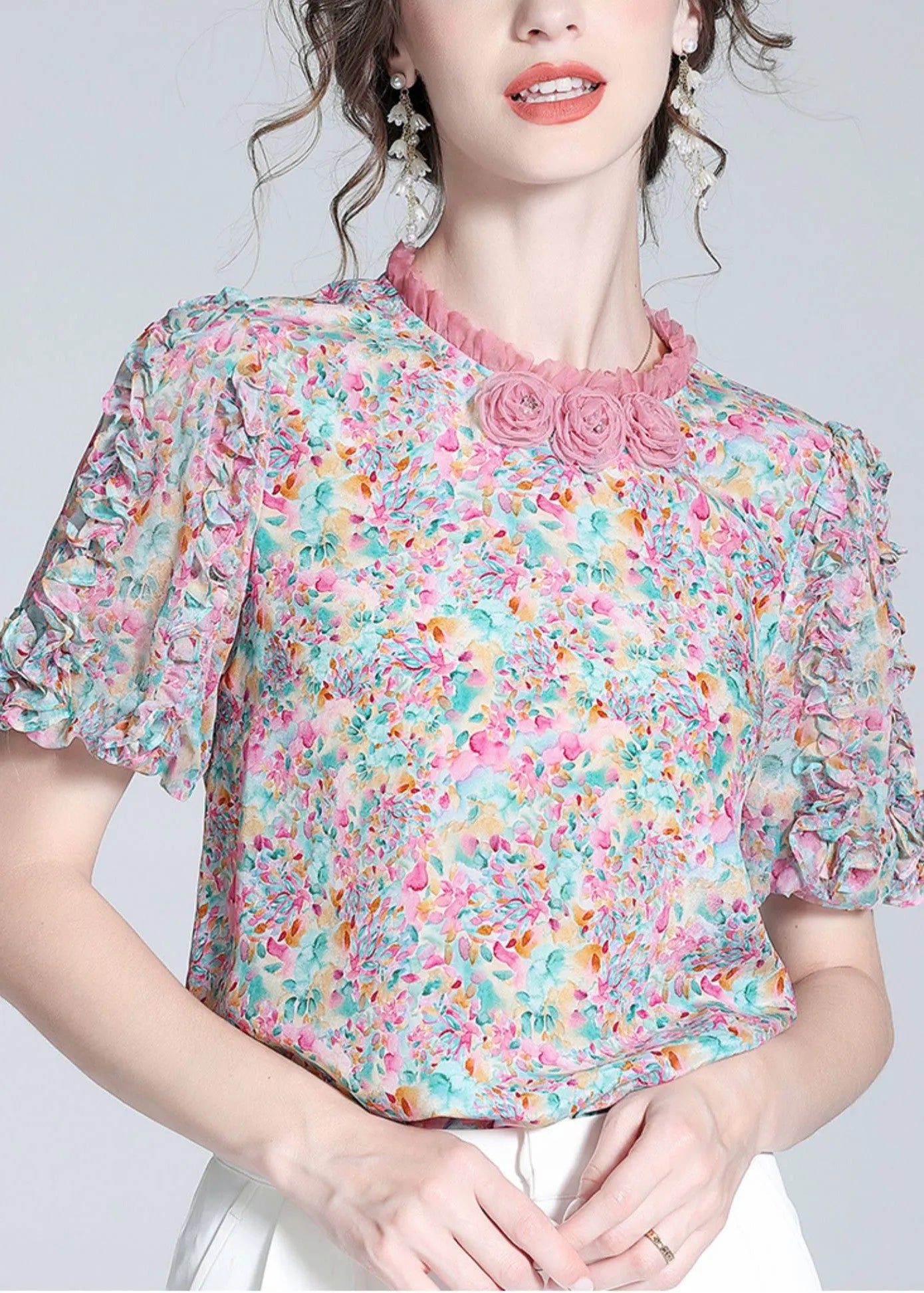 Ruffled Print Button Silk Top Short Sleeve