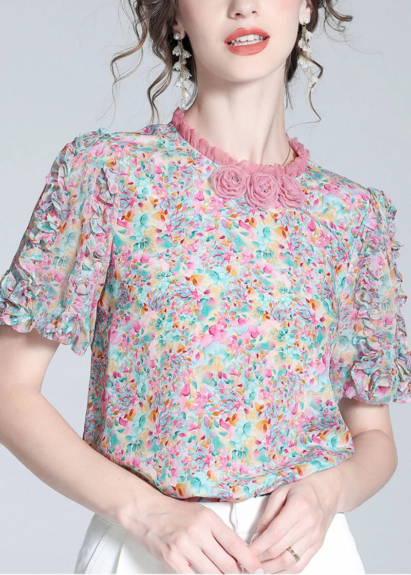 Ruffled Print Button Silk Top Short Sleeve