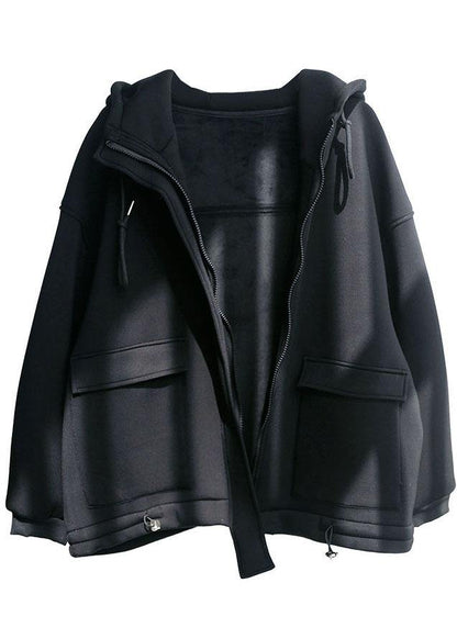 Organic Black Loose Zippered Pockets Fall Hoodie Coat Long Sleeve