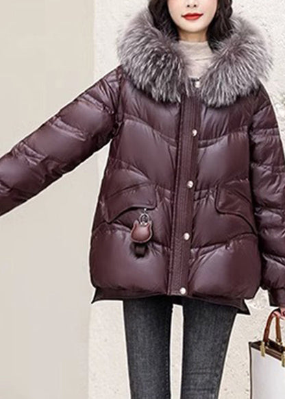Coffee Fox Collar Zippered Duck Down Jackets Long Sleeve