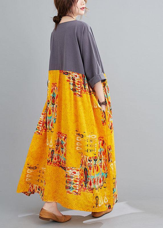 Grey Patchwork Yellow Print O-neck Pockets Summer Party Dresses