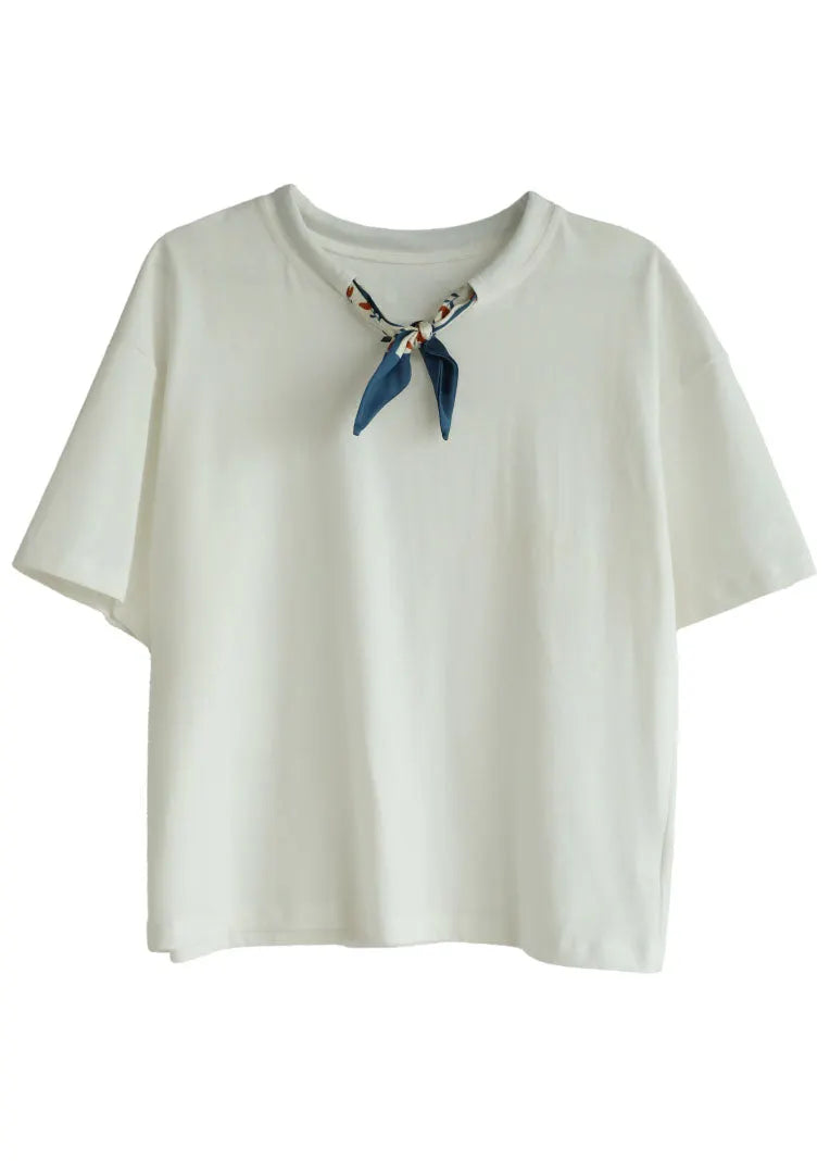 White O-neck Drawstring Bow Cotton Tank Short Sleeve