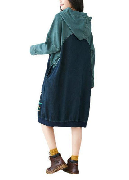 Blue Hooded Pockets Drawstring Print Fall Sweatshirts Dress