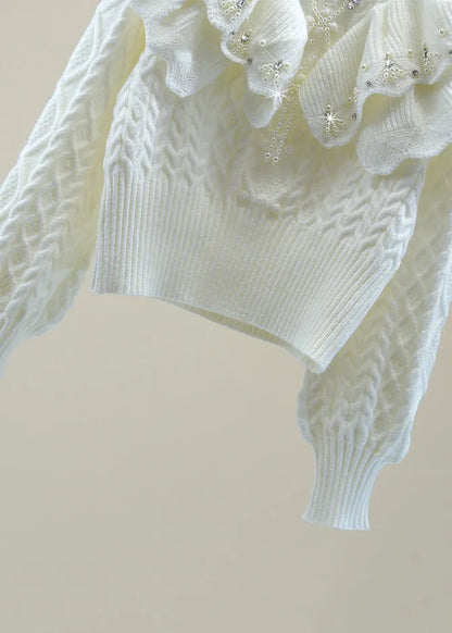 White Ruffled Patchwork Cotton Knit Sweater Lantern Sleeve