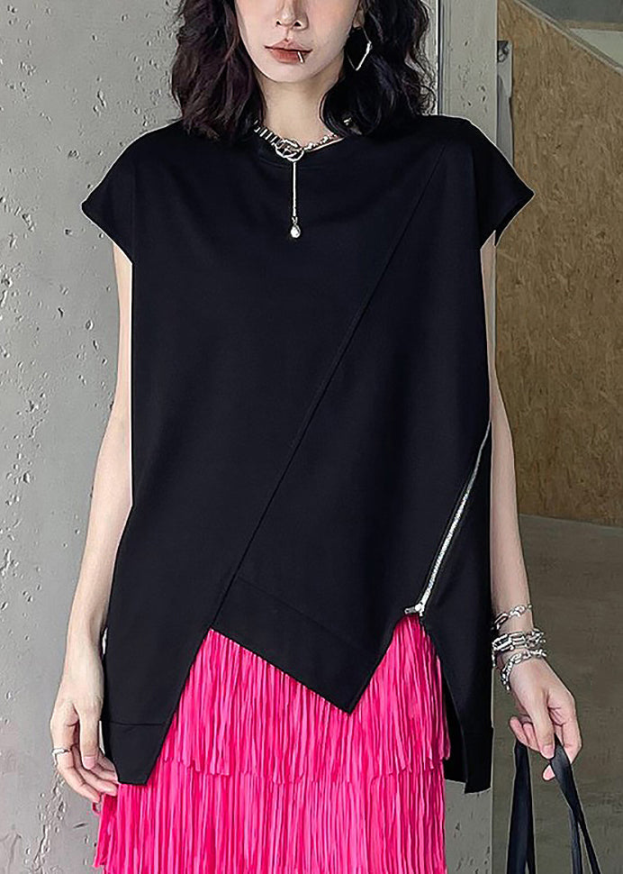 Modern Black O-neck Asymmetrical Patchwork Cotton T Shirt Summer