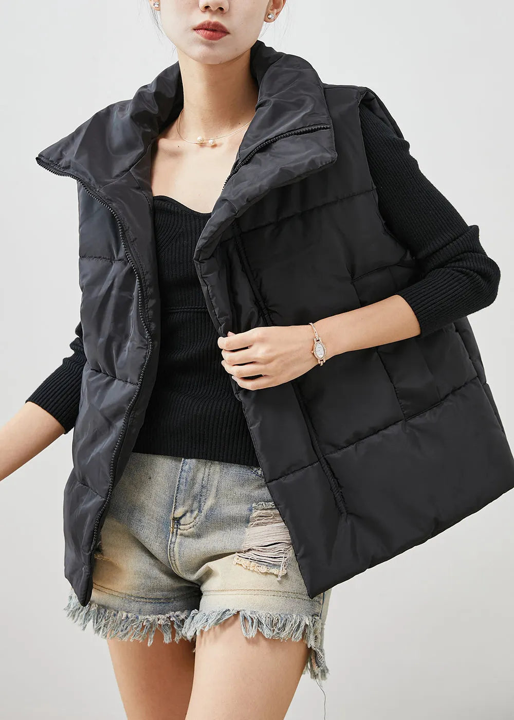 Black Oversized Pockets Fine Cotton Filled Vest Winter