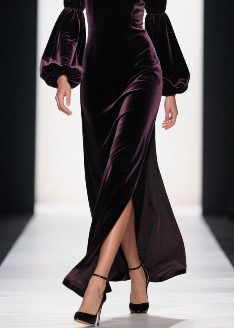 Boutique Purple Side Open Patchwork Velvet Ankle Dress Fall