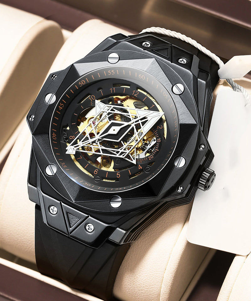 Rose Gold Leather Fully Automatic Machinery Hollow Out Watches