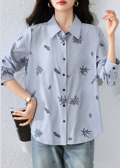 Blue Embroidered Striped Cotton Top Fall