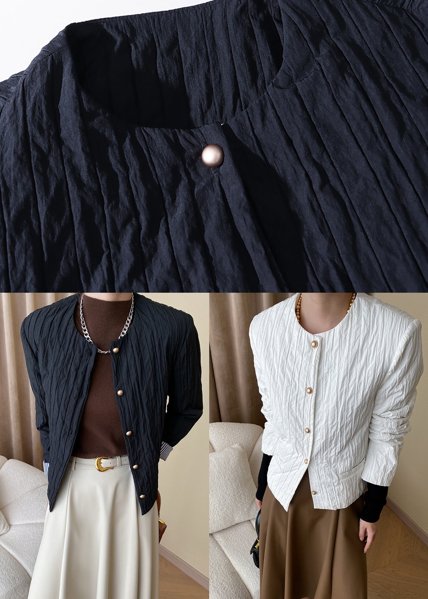Fine Black O Neck Pockets Button Thin Fine Cotton Filled Coat Fall