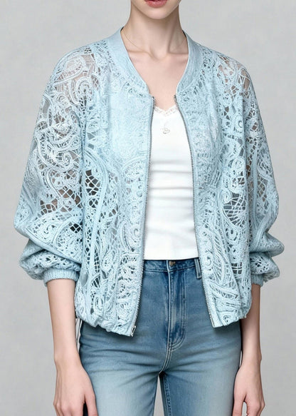 Blue Zip Up Hollow Out Lace Coats Summer