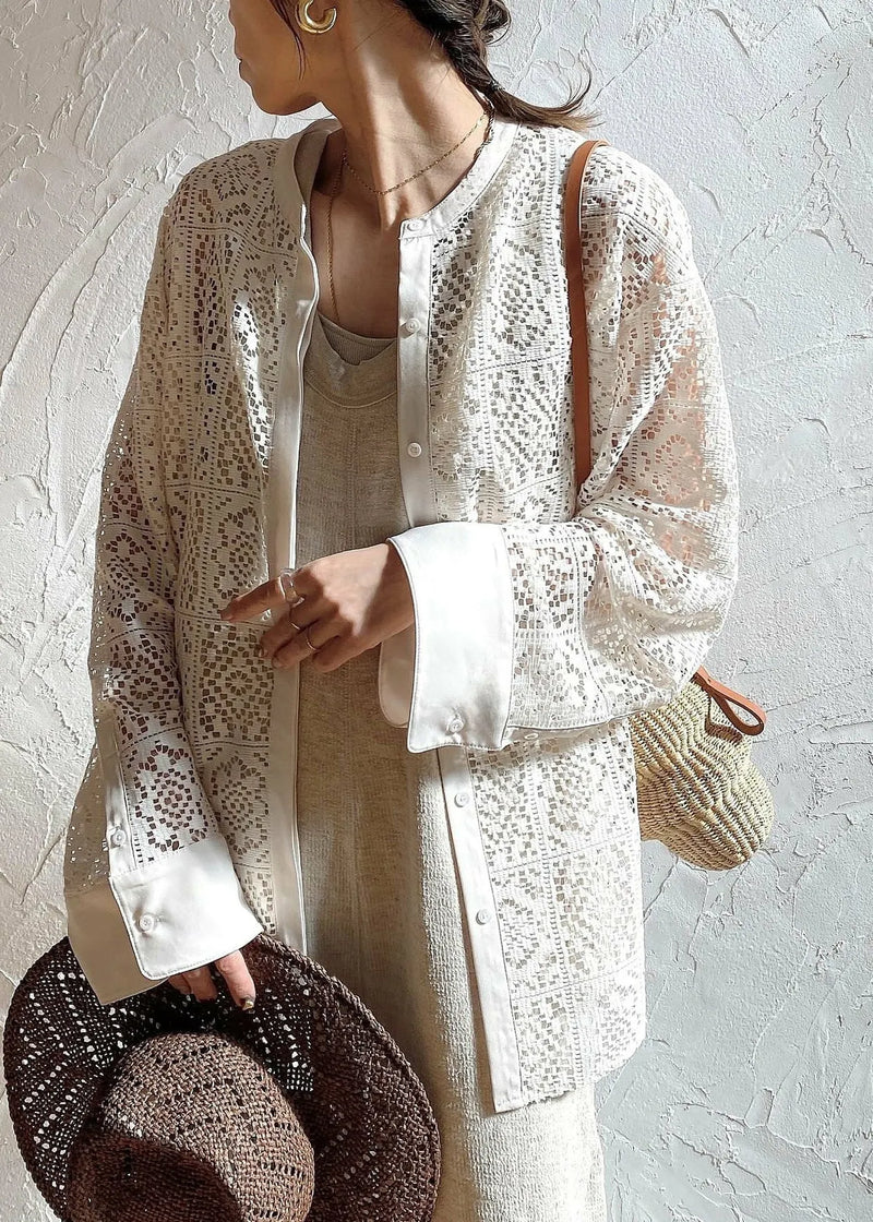 French Beige Hollow Out Lace Sheer Blouses Summer