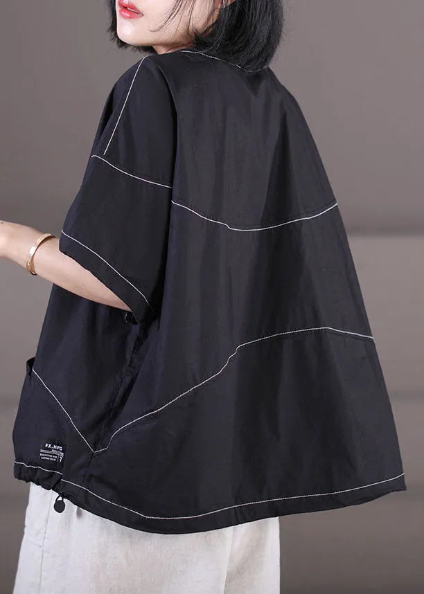 Stylish Black O-neck Oversized Drawstring Cotton Tank Top Short Sleeve