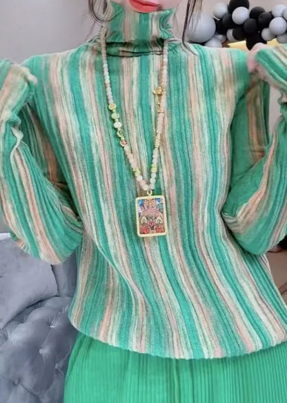 Green Hign Neck Striped Knit Blouse Tops Spring
