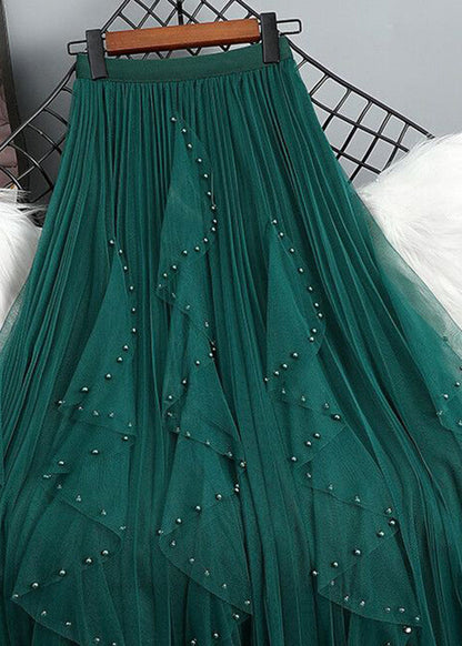 Green Nail Bead Patchwork Elastic Waist Tulle Maxi Skirt