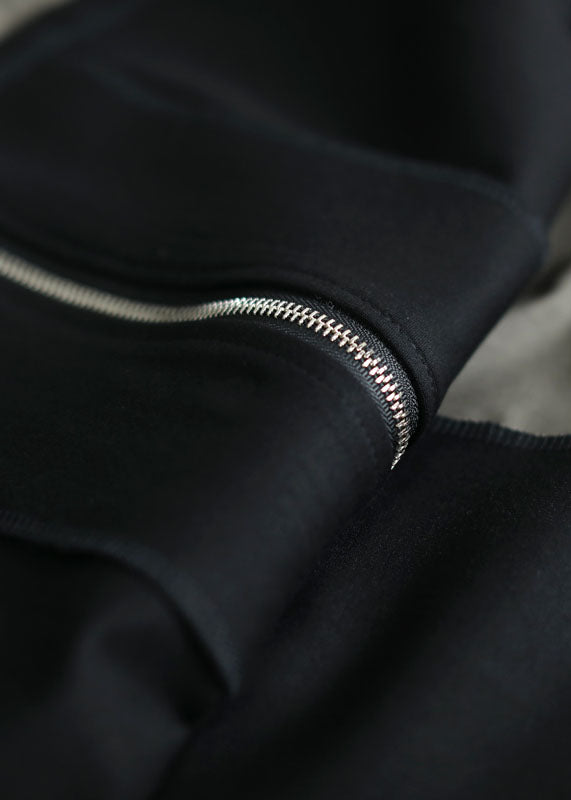Black Hooded Zip Up Pockets Patchwork Cotton Trench Coats Outwear Fall