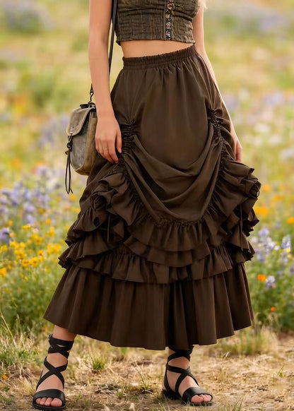 Brown Drawstring Ruffled Patchwork Cotton Skirt Spring