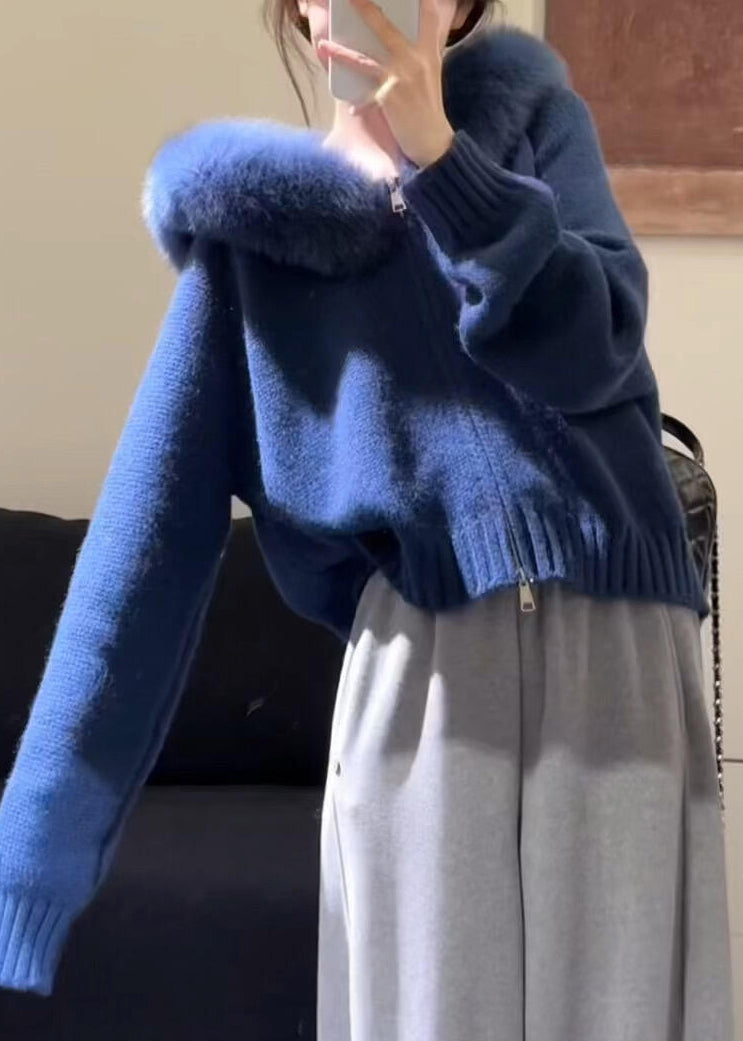 New Blue Hooded Fur Collar Zippered Knit Coats Spring