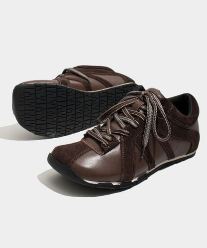 Coffee Cowhide Leather Comfy Splicing Lace Up Flat Shoes
