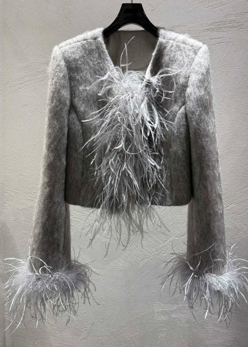 Grey Feather Patchwork Wool Coats Winter