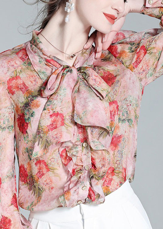 Pink O-neck Ruffled Print Bow Silk Shirt Spring
