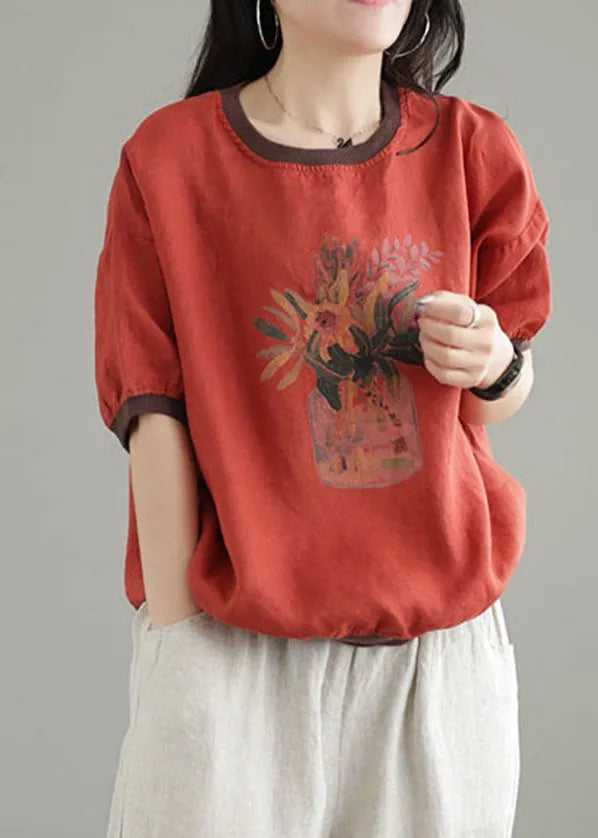Red O-neck Patchwork Print Linen Tank Short Sleeve
