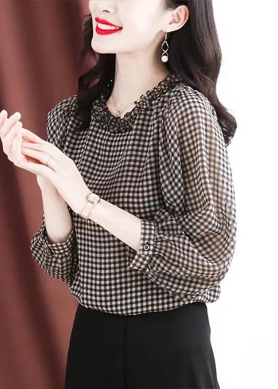 Boutique Black White Plaid O-neck Button Ruffled Silk Top Puff Sleeve