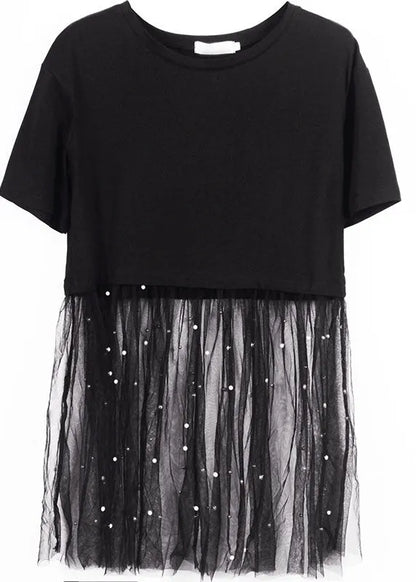 Classy Black O-neck Nail Bead Patchwork Summer Tulle Tee Short Sleeve