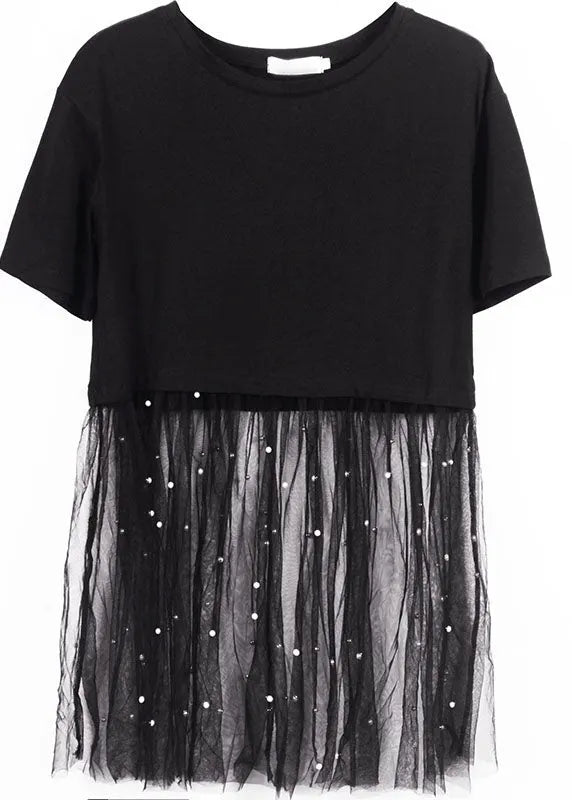 Classy Black O-neck Nail Bead Patchwork Summer Tulle Tee Short Sleeve