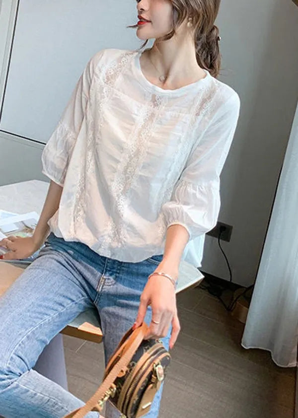 White Hollow Out Patchwork Cotton Shirt Lantern Sleeve