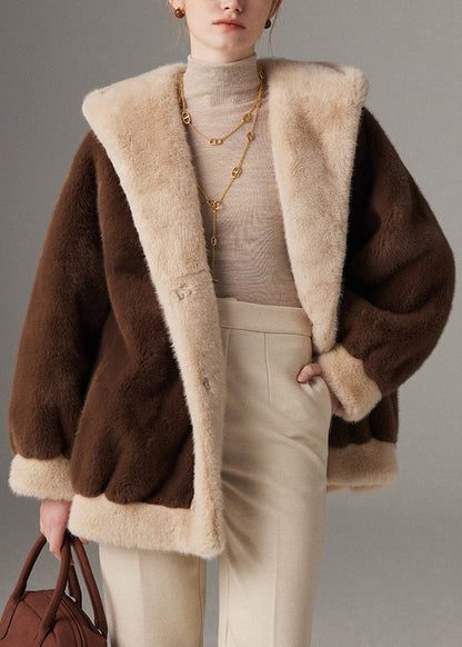 Coffee Pockets Patchwork Mink Hair Winter Coat Hooded