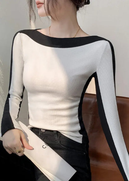 Fitted Black Slash Neck Patchwork Cotton T Shirts Fall